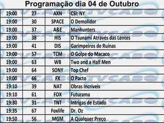 Programação dia 04 de Outubro
19:00    27    AXN      CSI: NY
19:00    30   SPACE     O Demolidor
19:00    37    A&E      Manhunters
19:00    38     HIS     O Tsunami Através das Lentes
19:00    41     DIS     Garimpeiros de Ruínas
19:00    57    TCM      O Golpe do Macaco
19:00    63    WB       Two and a Half Men
19:00    64   SONY      Top Chef
19:00    66     FX      O Pacto
19:10    39    NAT      Obras Incríveis
19:10    61    FOX      Futurama
19:30    31    TNT      Intrigas de Estado
19:35    67   Foxlife   Dr. Oz
19:50    56   MGM       A Qualquer Preço
 