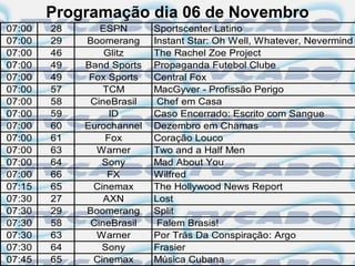 Programação dia 06 de Novembro
07:00   28      ESPN       Sportscenter Latino
07:00   29   Boomerang     Instant Star: Oh Well, Whatever, Nevermind
07:00   46       Glitz     The Rachel Zoe Project
07:00   49   Band Sports   Propaganda Futebol Clube
07:00   49    Fox Sports   Central Fox
07:00   57       TCM       MacGyver - Profissão Perigo
07:00   58    CineBrasil    Chef em Casa
07:00   59        ID       Caso Encerrado: Escrito com Sangue
07:00   60   Eurochannel   Dezembro em Chamas
07:00   61       Fox       Coração Louco
07:00   63     Warner      Two and a Half Men
07:00   64       Sony      Mad About You
07:00   66        FX       Wilfred
07:15   65     Cinemax     The Hollywood News Report
07:30   27       AXN       Lost
07:30   29   Boomerang     Split
07:30   58    CineBrasil    Falem Brasis!
07:30   63     Warner      Por Trás Da Conspiração: Argo
07:30   64       Sony      Frasier
07:45   65     Cinemax     Música Cubana
 