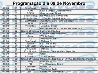 Programação dia 09 de Novembro
09:00   18      CineBrasil       Avesso Tv
09:00   27         AXN          Law & Order: Criminal Intent
09:00   28        ESPN          Sportscenter Brasil
09:00   29     Boomerang        De Volta para o Presente
09:00   49     Band Sports      1º Tempo Band Sports
09:00   50      ESPN BR         Aventuras com Renata Falzoni
09:00   57         TCM          Casal 20
09:00   58      PrimeBox         Jukebox Brasil
09:00   59          ID          FBI no Século 21: Monstros entre Nós
09:00   62   Studio Universal   Hollywood Dailies
09:00   63       Warner         O Homem Bicentenário
09:00   64         Sony         Will & Grace
09:00   66          FX          American Dad
09:05   18      CineBrasil       Making Of
09:10   30        Space         Na Teia do Mal
09:15   50      ESPN BR         Planeta Água
09:30   18      CineBrasil       Decola
09:30   36      Fox Sports      Show do Campeonato Argentino
09:30   46         Glitz        Glam
09:30   58      PrimeBox         Curta In Box
09:30   62   Studio Universal   Pequenos Espiões 2 - A Ilha dos Sonhos Perdidos
09:30   64         Sony         Mad About You
09:30   66          FX          The Cleveland Show
09:45   50      ESPN BR         Game Up
09:45   65       Cinemax        Vende-se Tudo
09:50   31         TNT          Cicatrizes da Guerra
 