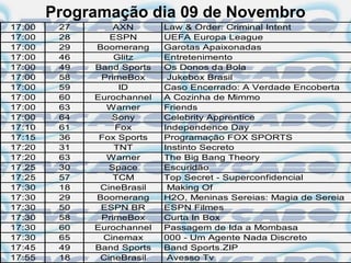 Programação dia 09 de Novembro
17:00    27       AXN       Law & Order: Criminal Intent
17:00    28      ESPN       UEFA Europa League
17:00    29   Boomerang     Garotas Apaixonadas
17:00    46       Glitz     Entretenimento
17:00    49   Band Sports   Os Donos da Bola
17:00    58    PrimeBox      Jukebox Brasil
17:00    59        ID       Caso Encerrado: A Verdade Encoberta
17:00    60   Eurochannel   A Cozinha de Mimmo
17:00    63     Warner      Friends
17:00    64       Sony      Celebrity Apprentice
17:10    61       Fox       Independence Day
17:15    36    Fox Sports   Programação FOX SPORTS
17:20    31       TNT       Instinto Secreto
17:20    63     Warner      The Big Bang Theory
17:25    30      Space      Escuridão
17:25    57       TCM       Top Secret - Superconfidencial
17:30    18    CineBrasil    Making Of
17:30    29   Boomerang     H2O, Meninas Sereias: Magia de Sereia
17:30    50    ESPN BR      ESPN Filmes
17:30    58    PrimeBox     Curta In Box
17:30    60   Eurochannel   Passagem de Ida a Mombasa
17:30    65     Cinemax     000 - Um Agente Nada Discreto
17:45    49   Band Sports   Band Sports.ZIP
17:55    18    CineBrasil    Avesso Tv
 