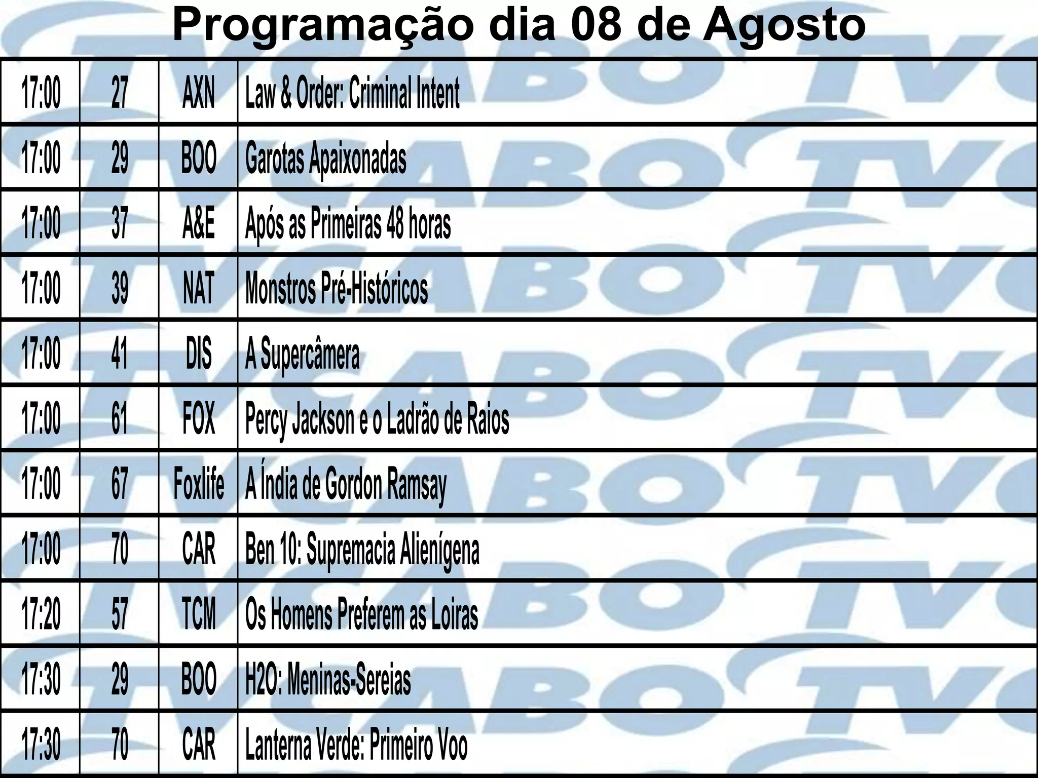 Programação dia 08 de Agosto
17:00   27    AXN Law & Order: Criminal Intent
17:00   29    BOO Garotas Apaixonadas
17:00   37    A&E Após as Primeiras 48 horas
17:00   39    NAT Monstros Pré-Históricos
17:00   41    DIS A Supercâmera
17:00   61    FOX Percy Jackson e o Ladrão de Raios
17:00   67   Foxlife A Índia de Gordon Ramsay
17:00   70    CAR Ben 10: Supremacia Alienígena
17:20   57    TCM Os Homens Preferem as Loiras
17:30   29    BOO H2O: Meninas-Sereias
17:30   70    CAR Lanterna Verde: Primeiro Voo
 