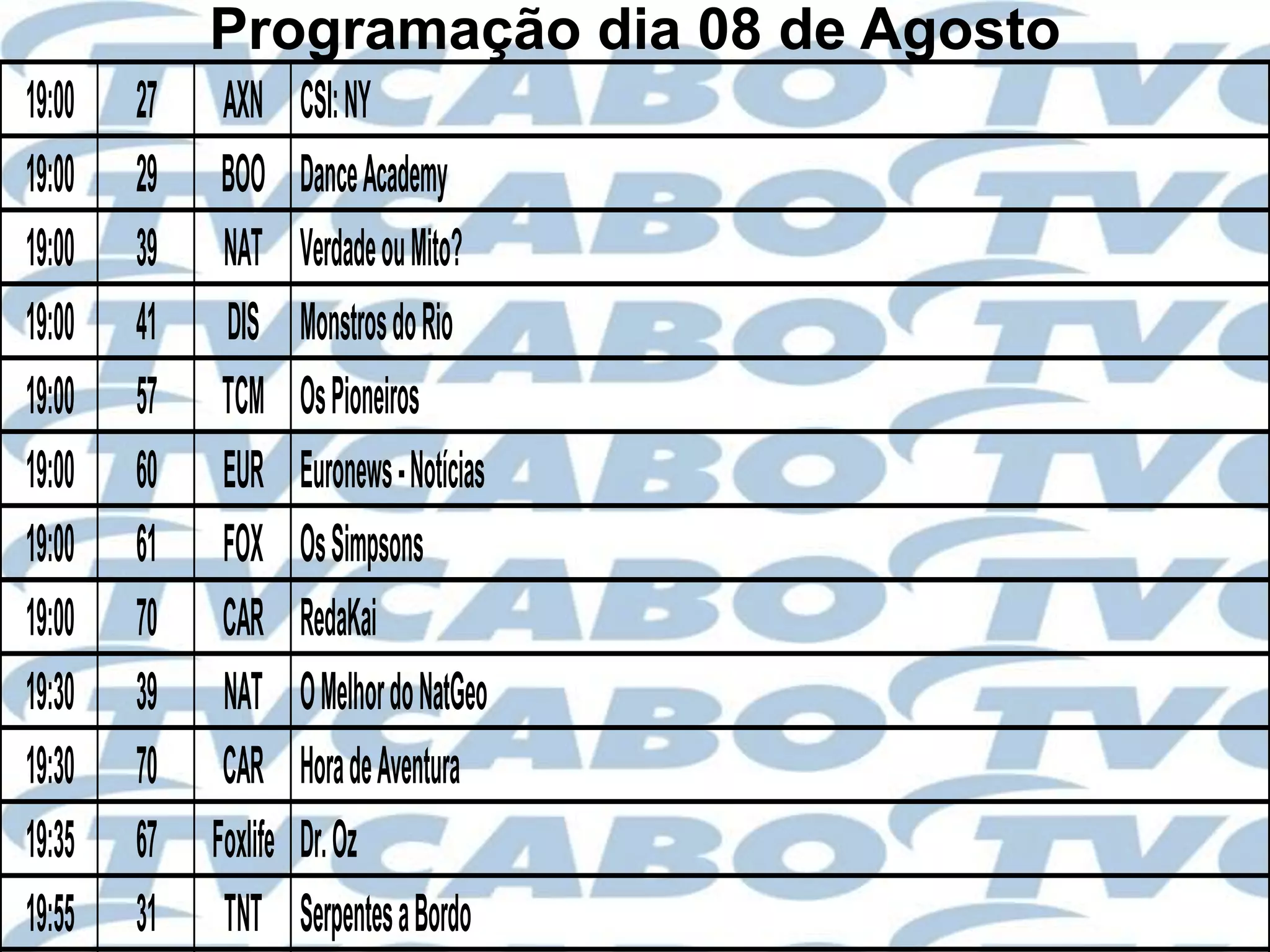 Programação dia 08 de Agosto
19:00   27    AXN      CSI: NY
19:00   29    BOO      Dance Academy
19:00   39    NAT      Verdade ou Mito?
19:00   41    DIS      Monstros do Rio
19:00   57    TCM      Os Pioneiros
19:00   60    EUR      Euronews - Notícias
19:00   61    FOX      Os Simpsons
19:00   70    CAR      RedaKai
19:30   39    NAT      O Melhor do NatGeo
19:30   70    CAR      Hora de Aventura
19:35   67   Foxlife   Dr. Oz
19:55   31    TNT      Serpentes a Bordo
 