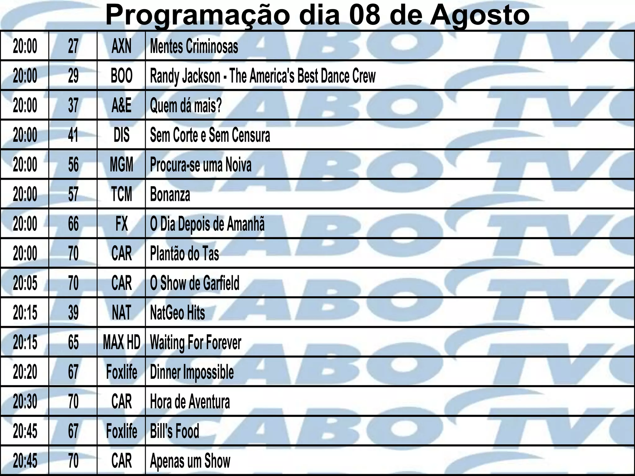 Programação dia 08 de Agosto
20:00   27    AXN      Mentes Criminosas
20:00   29    BOO      Randy Jackson - The America's Best Dance Crew
20:00   37    A&E      Quem dá mais?
20:00   41    DIS      Sem Corte e Sem Censura
20:00   56    MGM      Procura-se uma Noiva
20:00   57    TCM      Bonanza
20:00   66     FX      O Dia Depois de Amanhã
20:00   70    CAR      Plantão do Tas
20:05   70    CAR      O Show de Garfield
20:15   39    NAT      NatGeo Hits
20:15   65   MAX HD    Waiting For Forever
20:20   67   Foxlife   Dinner Impossible
20:30   70    CAR      Hora de Aventura
20:45   67   Foxlife   Bill's Food
20:45   70    CAR      Apenas um Show
 