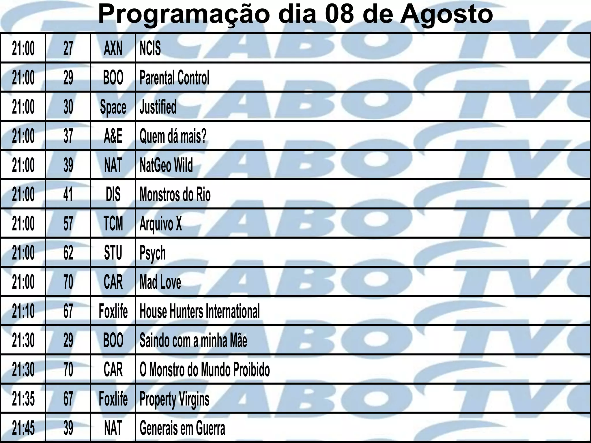 Programação dia 08 de Agosto
21:00   27    AXN      NCIS
21:00   29    BOO      Parental Control
21:00   30   Space     Justified
21:00   37    A&E      Quem dá mais?
21:00   39    NAT      NatGeo Wild
21:00   41    DIS      Monstros do Rio
21:00   57    TCM      Arquivo X
21:00   62    STU      Psych
21:00   70    CAR      Mad Love
21:10   67   Foxlife   House Hunters International
21:30   29    BOO      Saindo com a minha Mãe
21:30   70    CAR      O Monstro do Mundo Proibido
21:35   67   Foxlife   Property Virgins
21:45   39    NAT      Generais em Guerra
 