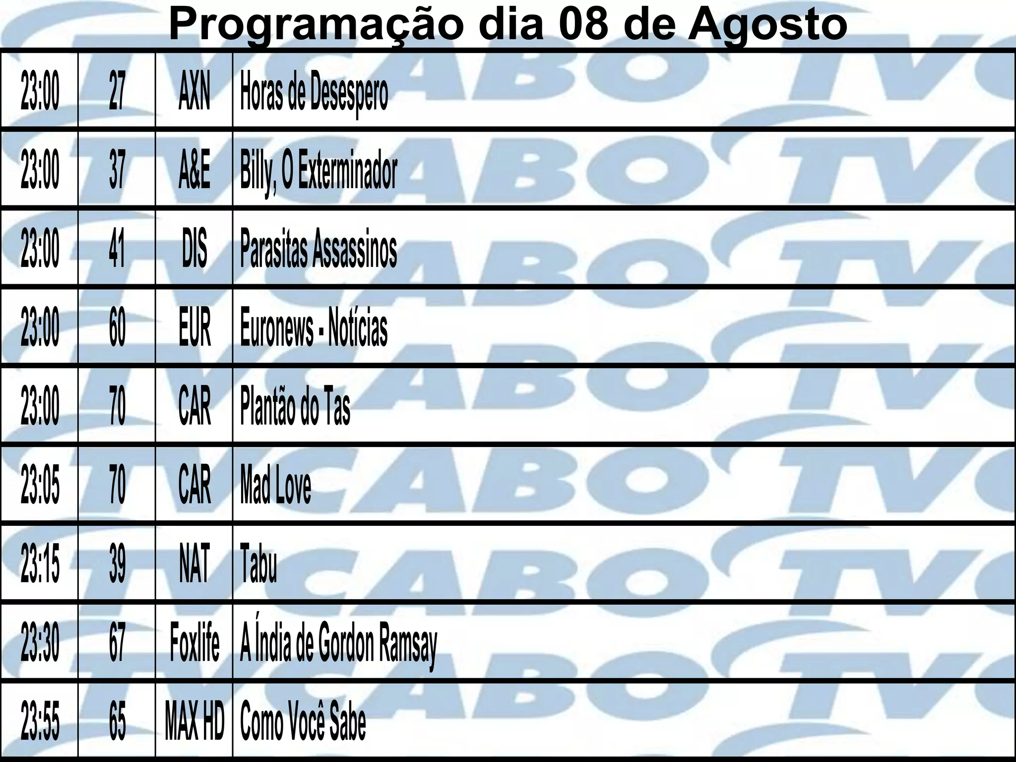 Programação dia 08 de Agosto
23:00   27    AXN Horas de Desespero
23:00   37    A&E Bil y, O Exterminador
23:00   41    DIS Parasitas Assassinos
23:00   60    EUR Euronews - Notícias
23:00   70    CAR Plantão do Tas
23:05   70    CAR Mad Love
23:15   39    NAT Tabu
23:30   67   Foxlife A Índia de Gordon Ramsay
23:55   65   MAX HD Como Você Sabe
 