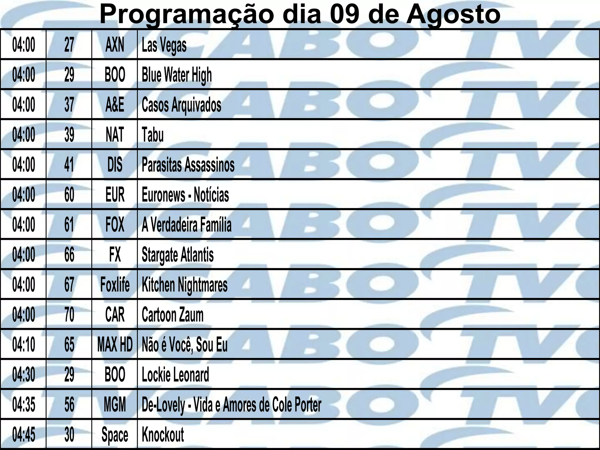 Programação dia 09 de Agosto
04:00   27     AXN     Las Vegas
04:00   29    BOO      Blue Water High
04:00   37     A&E     Casos Arquivados
04:00   39     NAT     Tabu
04:00   41     DIS     Parasitas Assassinos
04:00   60     EUR     Euronews - Notícias
04:00   61     FOX     A Verdadeira Família
04:00   66      FX     Stargate Atlantis
04:00   67   Foxlife   Kitchen Nightmares
04:00   70     CAR     Cartoon Zaum
04:10   65   MAX HD    Não é Você, Sou Eu
04:30   29    BOO      Lockie Leonard
04:35   56    MGM      De-Lovely - Vida e Amores de Cole Porter
04:45   30    Space    Knockout
 