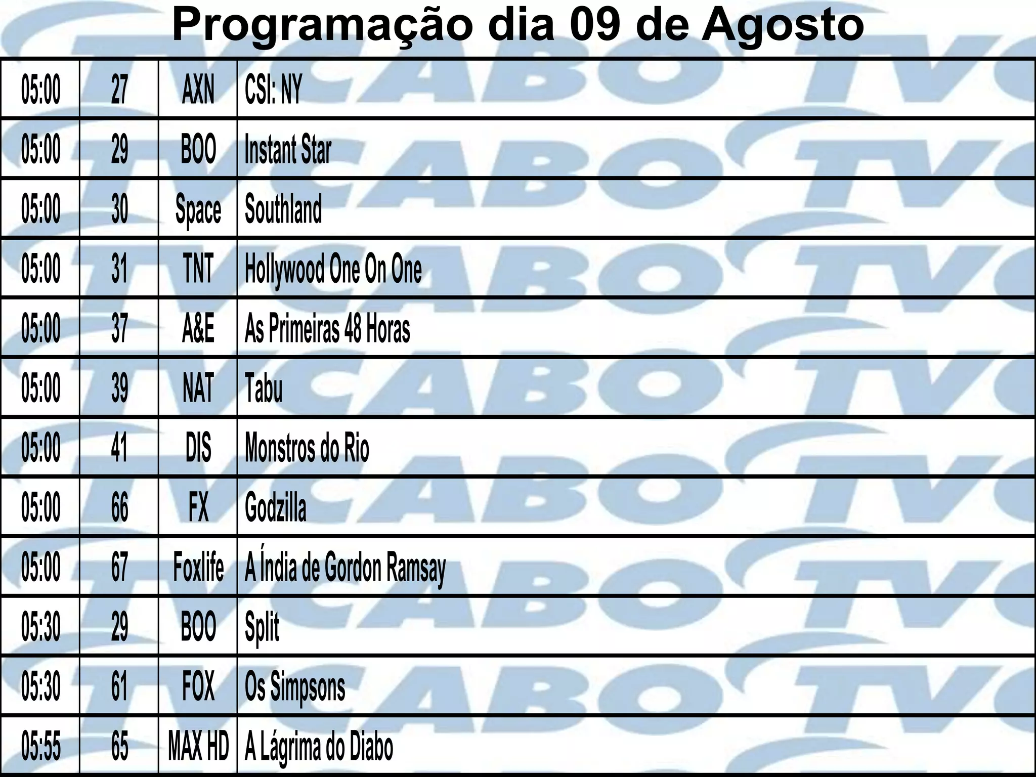 Programação dia 09 de Agosto
05:00   27 AXN       CSI: NY
05:00   29 BOO       Instant Star
05:00   30 Space     Southland
05:00   31 TNT       Hollywood One On One
05:00   37 A&E       As Primeiras 48 Horas
05:00   39 NAT       Tabu
05:00   41 DIS       Monstros do Rio
05:00   66 FX        Godzilla
05:00   67 Foxlife   A Índia de Gordon Ramsay
05:30   29 BOO       Split
05:30   61 FOX       Os Simpsons
05:55   65 MAX HD    A Lágrima do Diabo
 