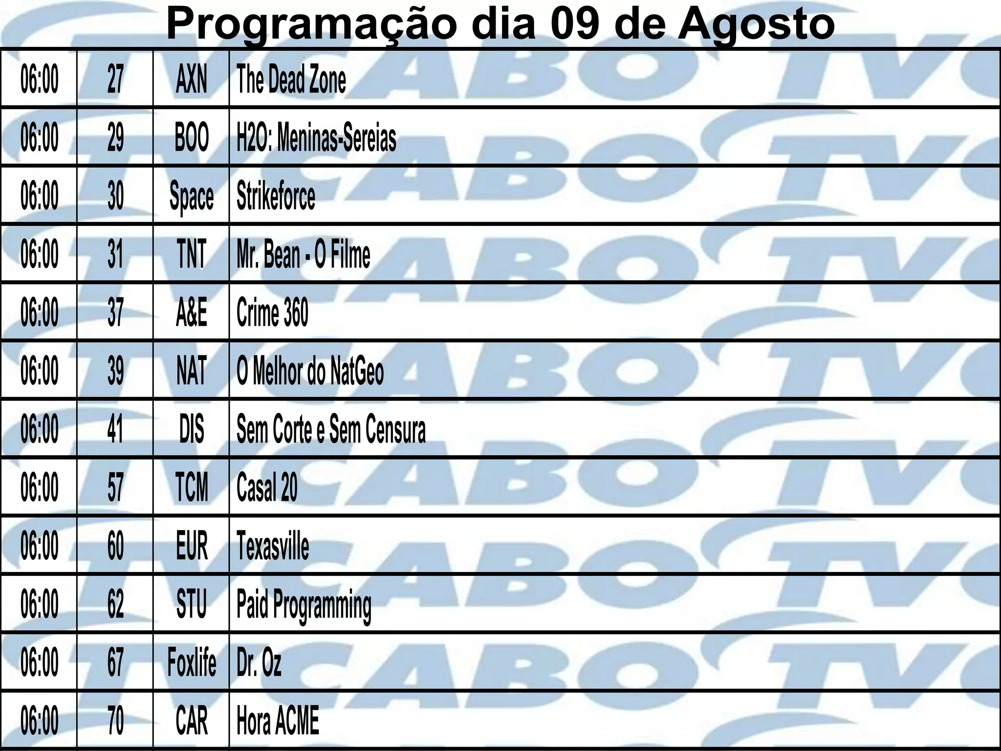 Programação dia 09 de Agosto
06:00   27    AXN      The Dead Zone
06:00   29    BOO      H2O: Meninas-Sereias
06:00   30   Space     Strikeforce
06:00   31    TNT      Mr. Bean - O Filme
06:00   37    A&E      Crime 360
06:00   39    NAT      O Melhor do NatGeo
06:00   41    DIS      Sem Corte e Sem Censura
06:00   57    TCM      Casal 20
06:00   60    EUR      Texasville
06:00   62    STU      Paid Programming
06:00   67   Foxlife   Dr. Oz
06:00   70    CAR      Hora ACME
 