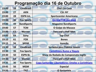 Programação dia 16 de Outubro
19:00   18    CineBrasil                     Chef Em Casa
19:00   27       AXN                            CSI: NY
19:00   28    ESPN Int.                Sportscenter Americano
19:00   36   Fox Sports                  Central FOX (Ao vivo)
19:00   49   BandSports                 Magazine BandSports
19:00   57       TCM                      O Golpe do Macaco
19:00   63     Warner                    Two and a Half Men
19:00   64       Sony                          Top Chef
19:10   61       FOX                             Bones
19:15   56      MGM                            Invasão
19:30   18    CineBrasil             Seriados para Público Jovem
19:30   36   Fox Sports               Corinthians Rumo a Tóquio
19:30   50     ESPN Br.         Show da Rodada do Campeonato Inglês
19:30   63     Warner                    Two and a Half Men
19:35   36   Fox Sports    Copa Santander Libertadores: Emelec x Corinthians
19:45   56      MGM                            Especial
19:55   31       TNT                         O Ilusionista
 