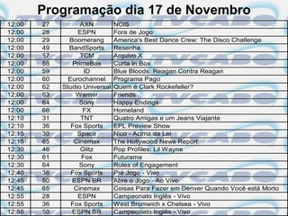 Programação dia 17 de Novembro
12:00   27         AXN          NCIS
12:00   28        ESPN          Fora de Jogo
12:00   29     Boomerang        America's Best Dance Crew: The Disco Challenge
12:00   49     BandSports       Resenha
12:00   57         TCM          Arquivo X
12:00   58      PrimeBox        Curta In Box
12:00   59          ID          Blue Bloods: Reagan Contra Reagan
12:00   60     Eurochannel      Programa Pago
12:00   62   Studio Universal   Quem é Clark Rockefeller?
12:00   63       Warner         Friends
12:00   64         Sony         Happy Endings
12:00   66          FX          Homeland
12:10   31         TNT          Quatro Amigas e um Jeans Viajante
12:10   36      Fox Sports      EPL Preview Show
12:15   30        Space         Nico - Acima da Lei
12:15   65       Cinemax        The Hollywood News Report
12:30   46         Glitz        Pop Profiles: Lil Wayne
12:30   61         Fox          Futurama
12:30   64         Sony         Rules of Engagement
12:40   36      Fox Sports      Pré Jogo - Vivo
12:45   50      ESPN BR         Abre o Jogo - Ao Vivo
12:45   65       Cinemax        Coisas Para Fazer em Denver Quando Você está Morto
12:55   28        ESPN          Campeonato Inglês - Vivo
12:55   36      Fox Sports      West Bromwich x Chelsea - Vivo
12:55   50      ESPN BR         Campeonato Inglês - Vivo
 