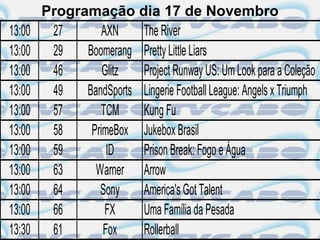 Programação dia 17 de Novembro
13:00    27       AXN    The River
13:00    29   Boomerang Pretty Little Liars
13:00    46       Glitz  Project Runway US: Um Look para a Coleção
13:00    49   BandSports Lingerie Football League: Angels x Triumph
13:00    57       TCM    Kung Fu
13:00    58    PrimeBox Jukebox Brasil
13:00    59        ID    Prison Break: Fogo e Água
13:00    63     Warner Arrow
13:00    64      Sony    America's Got Talent
13:00    66        FX    Uma Família da Pesada
13:30    61       Fox    Rollerball
 