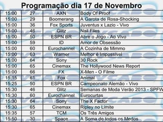 Programação dia 17 de Novembro
15:00     27       AXN       Body Of Proof
15:00     29   Boomerang     A Garota de Rosa-Shocking
15:00     36    Fox Sports   Juventus x Lazio - Vivo
15:00     46       Glitz     Nail Files
15:00     50    ESPN BR      Abre o Jogo - Ao Vivo
15:00     59        ID       Amor de Obsessão
15:00     60   Eurochannel   A Cozinha de Mimmo
15:00     63     Warner      Melhor é Impossível
15:00     64       Sony      30 Rock
15:00     65     Cinemax     The Hollywood News Report
15:00     66        FX       X-Men - O Filme
15:15     61       Fox       Animal
15:25     50    ESPN BR      Campeonato Alemão - Vivo
15:30     46       Glitz     Semanas de Moda Verão 2013 - SPFW
15:30     60   Eurochannel   Eurocurtas
15:30     64       Sony      The X Factor
15:30     65     Cinemax     Ripley no Limite
15:35     57       TCM       Os Três Amigos
15:50     30      Space      A Soma de todos os Medos
 