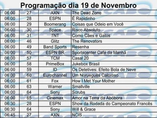 Programação dia 19 de Novembro
06:00    27       AXN       The Dead Zone
06:00    28      ESPN       É Rapidinho
06:00    29   Boomerang     Coisas que Odeio em Você
06:00    30      Space      Risco Absoluto
06:00    31       TNT       Como Cães e Gatos
06:00    46       Glitz     The Renovators
06:00    49   Band Sports   Resenha
06:00    50    ESPN BR      Sportscenter Café da Manhã
06:00    57       TCM       Casal 20
06:00    58    PrimeBox     Jukebox Brasil
06:00    59        ID       Os Detetives: Efeito Bola de Neve
06:00    60   Eurochannel   Um Norueguês Caloroso
06:00    61       Fox       How I Met Your Mother
06:00    63     Warner      Smallville
06:00    64      Sony       Scrubs
06:00    65    Cinemax      Amor na Terra da Abóbora
06:30    28      ESPN       Show da Rodada do Campeonato Francês
06:30    64      Sony       Will & Grace
06:45    27       AXN       NCIS
 