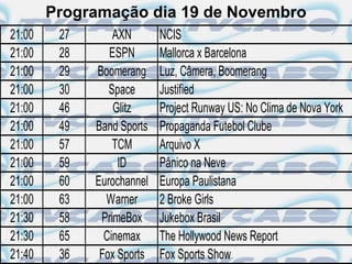 Programação dia 19 de Novembro
21:00    27       AXN       NCIS
21:00    28      ESPN       Mallorca x Barcelona
21:00    29   Boomerang     Luz, Câmera, Boomerang
21:00    30      Space      Justified
21:00    46       Glitz     Project Runway US: No Clima de Nova York
21:00    49   Band Sports   Propaganda Futebol Clube
21:00    57       TCM       Arquivo X
21:00    59        ID       Pânico na Neve
21:00    60   Eurochannel   Europa Paulistana
21:00    63     Warner      2 Broke Girls
21:30    58    PrimeBox     Jukebox Brasil
21:30    65     Cinemax     The Hollywood News Report
21:40    36    Fox Sports   Fox Sports Show
 