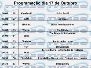 Programação dia 17 de Outubro

16:00   18   CineBrasil                   Foliar Brasil

16:00   27      AXN                        Las Vegas

16:00   28   ESPN Int.               Grand American Séries

16:00   63    Warner                      The Middle
                                    The Celebrity Apprentice
16:00   64     Sony

16:00   65    CineMax                  Ponto de Encontro

16:05   31      TNT                      O Ilusionista
                             Forrest Gump - o Contador de Histórias
16:30   57     TCM

16:30   58   Films&Arts   Especial Paul Mccartney: Eis Aqui meu coração

16:30   63    Warner                      Suburgatory
 