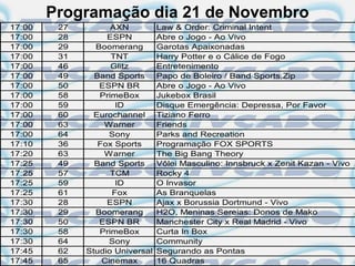 Programação dia 21 de Novembro
17:00    27         AXN          Law & Order: Criminal Intent
17:00    28        ESPN          Abre o Jogo - Ao Vivo
17:00    29     Boomerang        Garotas Apaixonadas
17:00    31         TNT          Harry Potter e o Cálice de Fogo
17:00    46         Glitz        Entretenimento
17:00    49     Band Sports      Papo de Boleiro / Band Sports.Zip
17:00    50      ESPN BR         Abre o Jogo - Ao Vivo
17:00    58      PrimeBox        Jukebox Brasil
17:00    59          ID          Disque Emergência: Depressa, Por Favor
17:00    60     Eurochannel      Tiziano Ferro
17:00    63       Warner         Friends
17:00    64         Sony         Parks and Recreation
17:10    36      Fox Sports      Programação FOX SPORTS
17:20    63       Warner         The Big Bang Theory
17:25    49     Band Sports      Vôlei Masculino: Innsbruck x Zenit Kazan - Vivo
17:25    57         TCM          Rocky 4
17:25    59          ID          O Invasor
17:25    61         Fox          As Branquelas
17:30    28        ESPN          Ajax x Borussia Dortmund - Vivo
17:30    29     Boomerang        H2O, Meninas Sereias: Donos de Mako
17:30    50      ESPN BR         Manchester City x Real Madrid - Vivo
17:30    58      PrimeBox        Curta In Box
17:30    64         Sony         Community
17:45    62   Studio Universal   Segurando as Pontas
17:45    65       Cinemax        16 Quadras
 