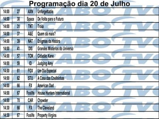 Programação dia 20 de Julho
14:00   27    AXN      Unforgettable
14:00   30   Space     De Volta para o Futuro
14:00   31    TNT      Tróia
14:00   37    A&E      Quem dá mais?
14:00   39    NAT      Enigmas da Históra
14:00   41    DIS      Grandes Mistérios do Universo
14:00   57    TCM      Cidadão Kane
14:00   59     ID      Judging Amy
14:00   61    FOX      Um Dia Especial
14:00   62    STU      A Casa das Coelhinhas
14:00   66     FX      American Dad
14:00   67   Foxlife   House Hunters International
14:00   70    CAR      Chowder
14:30   66     FX      The Cleveland
14:30   67   Foxlife   Property Virgins
 