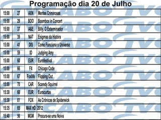 Programação dia 20 de Julho
15:00   27    AXN       Mentes Criminosas
15:00   29    BOO       Boombox in Concert
15:00   37    A&E       Billy, O Exterminador
15:00   39    NAT       Enigmas da Históra
15:00   41    DIS       Como Funciona o Universo
15:00   59     ID       Judging Amy
15:00   60    EUR       Eurofestival
15:00   66     FX       Chicago Code
15:00   67   Foxlife    Flipping Out
15:00   70    CAR       Scaredy Squirrel
15:30   60    EUR       Eurocurtas
15:30   61    FOX       As Crônicas de Spiderwick
15:35   65   MAX HD    2012
15:40   56    MGM       Procura-se uma Noiva
 