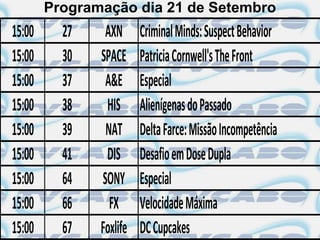 Programação dia 21 de Setembro
15:00     27    AXN      Criminal Minds: Suspect Behavior
15:00     30   SPACE     Patricia Cornwell's The Front
15:00     37    A&E      Especial
15:00     38    HIS      Alienígenas do Passado
15:00     39    NAT      Delta Farce: Missão Incompetência
15:00     41    DIS      Desafio em Dose Dupla
15:00     64   SONY      Especial
15:00     66     FX      Velocidade Máxima
15:00     67   Foxlife   DC Cupcakes
 