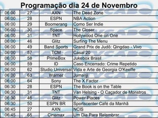 Programação dia 24 de Novembro
06:00    27         AXN          The Dead Zone
06:00    28        ESPN          NBA Action
06:00    29     Boomerang        Como Ser Indie
06:00    30        Space         The Closer
06:00    31         TNT          Hollywood One on One
06:00    46         Glitz        Surfing The Menu
06:00    49     Band Sports      Grand Prix de Judô: Qingdao - Vivo
06:00    57         TCM          Casal 20
06:00    58      PrimeBox        Jukebox Brasil
06:00    59          ID          Caso Encerrado: Crime Repetido
06:00    62   Studio Universal   Vida e Arte de Georgia O'Keeffe
06:00    63       Warner         Jumanji
06:00    64        Sony          The X Factor
06:30    28        ESPN          The Book is on the Table
06:30    31         TNT          Van Helsing - O Caçador de Monstros
06:30    46         Glitz        Power Places
06:30    50      ESPN BR         Sportscenter Café da Manhã
06:45    27         AXN          NCIS
06:45    65      Cinemax         Um Dia Para Relembrar
 