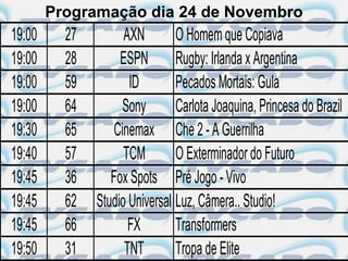 Programação dia 24 de Novembro
19:00     27         AXN        O Homem que Copiava
19:00     28        ESPN Rugby: Irlanda x Argentina
19:00     59          ID        Pecados Mortais: Gula
19:00     64         Sony       Carlota Joaquina, Princesa do Brazil
19:30     65       Cinemax Che 2 - A Guerrilha
19:40     57         TCM        O Exterminador do Futuro
19:45     36      Fox Spots Pré Jogo - Vivo
19:45     62   Studio Universal Luz, Câmera.. Studio!
19:45     66          FX        Transformers
19:50     31         TNT        Tropa de Elite
 
