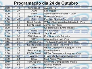 Programação dia 24 de Outubro
15:00    15    CineBrasil   Avesso Tv
15:00    27       AXN       Las Vegas
15:00    28      ESPN       Sportscenter Notícias - Vivo
15:00    29   Boomerang     Parental Control
15:00    46       Glitz     Ficção - Gossip Girl
15:00    49   Band Sports   WTA: Championship Istambul - Vivo
15:00    50   ESPN Brasil   Jornal do Tênis
15:00    59        ID       Os Detetives: Entre Irmãos
15:00    64      Sony       Will & Grace
15:05    15    CineBrasil    Doc Brasil
15:10    36   FOX Sports    Fox Sports de Primeira
15:15    28      ESPN       Abre o Jogo - Ao Vivo
15:15    36   FOX Sports    The Moto: Inside the Outdoors
15:15    50   ESPN Brasil   Abre o Jogo - Ao Vivo
15:30    28      ESPN       UEFA Champions League - Vivo
15:30    29   Boomerang     Date My Mom
15:30    50   ESPN Brasil   UEFA Champions League - Vivo
15:30    63     Warner      I Hate My Teenage Daughter
15:30    64      Sony       Mad About You
15:40    36   FOX Sports    Show do Campeonato Inglês
15:45    66        FX       Maluca Paixão
15:55    15    CineBrasil   Avesso Tv
 