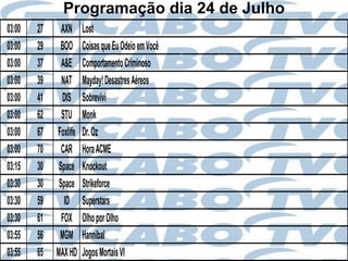 Programação dia 24 de Julho
03:00   27     AXN     Lost
03:00   29    BOO      Coisas que Eu Odeio em Você
03:00   37     A&E     Comportamento Criminoso
03:00   39     NAT     Mayday! Desastres Aéreos
03:00   41     DIS     Sobrevivi
03:00   62     STU     Monk
03:00   67   Foxlife   Dr. Oz
03:00   70     CAR     Hora ACME
03:15   30    Space    Knockout
03:30   30    Space    Strikeforce
03:30   59      ID     Superstars
03:30   61     FOX     Olho por Olho
03:55   56    MGM      Hannibal
03:55   65   MAX HD    Jogos Mortais VI
 