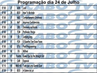 Programação dia 24 de Julho
07:00   27    AXN      Lost
07:00   29    BOO      How To Be Indie
07:00   37    A&E      Comportamento Criminoso
07:00   39    NAT      Arquivos Confidenciais
07:00   41    DIS      Discovery na Escola
07:00   57    TCM      Profissão: Perigo
07:00   59     ID      Judging Amy
07:00   61    FOX      O Espelho Tem Duas Faces
07:00   62    STU      Paid Programming
07:00   66     FX      Wilfred
07:00   67   Foxlife   Queer Eye for the Straight Girl
07:00   70    CAR      Especial
07:15   65   MAX HD    Tudo que uma Garota Quer
07:30   29    BOO      A Galera da Lei
 
