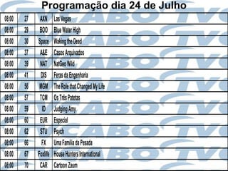 Programação dia 24 de Julho
08:00   27    AXN      Las Vegas
08:00   29    BOO      Blue Water High
08:00   30   Space     Waking the Dead
08:00   37    A&E      Casos Arquivados
08:00   39    NAT      NatGeo Wild
08:00   41    DIS      Feras da Engenharia
08:00   56    MGM      The Role that Changed My Life
08:00   57    TCM      Os Três Patetas
08:00   59     ID      Judging Amy
08:00   60    EUR      Especial
08:00   62    STU      Psych
08:00   66     FX      Uma Família da Pesada
08:00   67   Foxlife   House Hunters International
08:00   70    CAR      Cartoon Zaum
 