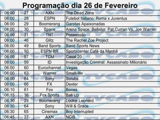 Programação dia 26 de Fevereiro
06:00   27       AXN       The Dead Zone
06:00   28      ESPN       Futebol Italiano: Roma x Juventus
06:00   29   Boomerang     Garotas Apaixonadas
06:00   30      Space      Arena Space: Bellator: Pat Curran Vs. Joe Warren
06:00   31       TNT       Possessão
06:00   46       Glitz     The Rachel Zoe Project
06:00   49   Band Sports   Band Sports News
06:00   50    ESPN BR      Sportscenter Café da Manhã
06:00   57       TCM       Casal 20
06:00   59        ID       Investigação Criminal: Assassinato Milionário
06:00   60   Eurochannel   Vegas
06:00   63     Warner      Smallville
06:00   64       Sony      Scrubs
06:00   66        FX       Dexter
06:10   61       Fox       Bones
06:15   36    Fox Sports   Ball Up
06:30   29   Boomerang     Lockie Leonard
06:30   64       Sony      Will & Grace
06:30   65     Cinemax     Boy Interrupted
06:45   27       AXN       NCIS
 