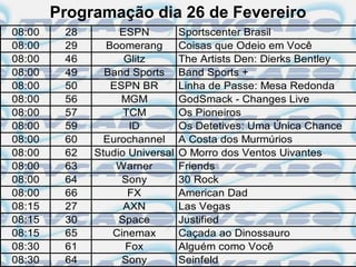 Programação dia 26 de Fevereiro
08:00    28        ESPN          Sportscenter Brasil
08:00    29     Boomerang        Coisas que Odeio em Você
08:00    46         Glitz        The Artists Den: Dierks Bentley
08:00    49     Band Sports      Band Sports +
08:00    50      ESPN BR         Linha de Passe: Mesa Redonda
08:00    56        MGM           GodSmack - Changes Live
08:00    57         TCM          Os Pioneiros
08:00    59          ID          Os Detetives: Uma Única Chance
08:00    60     Eurochannel      A Costa dos Murmúrios
08:00    62   Studio Universal   O Morro dos Ventos Uivantes
08:00    63       Warner         Friends
08:00    64        Sony          30 Rock
08:00    66          FX          American Dad
08:15    27         AXN          Las Vegas
08:15    30        Space         Justified
08:15    65      Cinemax         Caçada ao Dinossauro
08:30    61         Fox          Alguém como Você
08:30    64        Sony          Seinfeld
 