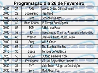 Programação dia 26 de Fevereiro
09:00   27       AXN       Law & Order: Criminal Intent
09:00   29   Boomerang     Heartland
09:00   46       Glitz     School of Saatchi
09:00   49   Band Sports   1º Tempo Band Sports
09:00   57       TCM       A Bela e a Fera
09:00   59        ID       Investigação Criminal: Assassinato Milionário
09:00   63     Warner      Um Natal Muito, Muito Louco
09:00   64      Sony       Will & Grace
09:00   66        FX       The Booth at the End
09:15   30      Space      Tempos de Violência
09:20   56      MGM        Outono em Nova York
09:25   36    Fox Sports   VT - All Boys x Boca Juniors
09:30   31       TNT       Vale Tudo - A Liga da Destruição
09:30   64      Sony       Mad About You
 
