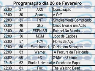 Programação dia 26 de Fevereiro
22:00     27         AXN          Conspiração
22:00     30        Space         A Órfã
22:00     31         TNT          Simplesmente Complicado
22:00     46         Glitz        Cinco Evas e um Adão
22:00     50      ESPN BR         Futebol No Mundo
22:00     56        MGM           Jogo de Espiões
22:00     57         TCM          Flores de Aço
22:00     60     Eurochannel      O Homem Selvagem
22:00     63       Warner          À Procura da Felicidade
22:00     66          FX          X-Men - O Filme
22:15     62   Studio Universal   A Creche do Papai
22:30     61         Fox          The Walking Dead
 