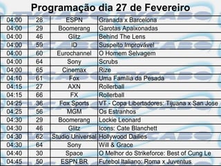 Programação dia 27 de Fevereiro
04:00   28        ESPN          Granada x Barcelona
04:00   29     Boomerang        Garotas Apaixonadas
04:00   46         Glitz        Behind The Lens
04:00   59          ID          Suspeito Improvável
04:00   60     Eurochannel      O Homem Selvagem
04:00   64         Sony         Scrubs
04:00   65       Cinemax        Rize
04:10   61         Fox          Uma Família da Pesada
04:15   27         AXN          Rollerball
04:15   66          FX          Rollerball
04:25   36      Fox Sports      VT - Copa Libertadores: Tijuana x San Jose
04:25   56        MGM           Os Estranhos
04:30   29     Boomerang        Lockie Leonard
04:30   46         Glitz        Icons: Cate Blanchett
04:30   62   Studio Universal   Hollywood Dailies
04:30   64         Sony         Will & Grace
04:40   30        Space         O Melhor do Strikeforce: Best of Cung Le
04:45   50      ESPN BR         Futebol Italiano: Roma x Juventus
 