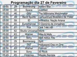 Programação dia 27 de Fevereiro
05:00    29     Boomerang        Instant Star
05:00    30        Space         Justified
05:00    46         Glitz        The Millionaire Matchmaker
05:00    49     Band Sports      Campeonato Brasileiro de Poker
05:00    59          ID          Infiltrados: Nação Ariana
05:00    60     Eurochannel      O Domínio de Versalhes
05:00    61         Fox          One Tree Hill
05:00    62   Studio Universal   Monk
05:00    63       Warner         Mike & Molly
05:00    64        Sony          Mad About You
05:30    29     Boomerang        Split
05:30    31         TNT          Hollywood One on One
05:30    63       Warner         Friends
05:30    64        Sony          30 Rock
05:45    65      Cinemax         Missão Secreta
 