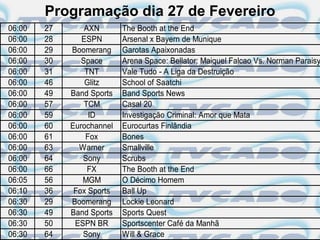 Programação dia 27 de Fevereiro
06:00   27       AXN       The Booth at the End
06:00   28      ESPN       Arsenal x Bayern de Munique
06:00   29   Boomerang     Garotas Apaixonadas
06:00   30      Space      Arena Space: Bellator: Maiquel Falcao Vs. Norman Paraisy
06:00   31       TNT       Vale Tudo - A Liga da Destruição
06:00   46       Glitz     School of Saatchi
06:00   49   Band Sports   Band Sports News
06:00   57       TCM       Casal 20
06:00   59        ID       Investigação Criminal: Amor que Mata
06:00   60   Eurochannel   Eurocurtas Finlândia
06:00   61       Fox       Bones
06:00   63     Warner      Smallville
06:00   64      Sony       Scrubs
06:00   66        FX       The Booth at the End
06:05   56      MGM        O Décimo Homem
06:10   36    Fox Sports   Ball Up
06:30   29   Boomerang     Lockie Leonard
06:30   49   Band Sports   Sports Quest
06:30   50    ESPN BR      Sportscenter Café da Manhã
06:30   64      Sony       Will & Grace
 