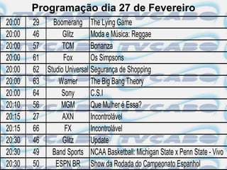 Programação dia 27 de Fevereiro
20:00   29   Boomerang The Lying Game
20:00   46       Glitz      Moda e Música: Reggae
20:00   57       TCM        Bonanza
20:00   61       Fox        Os Simpsons
20:00   62 Studio Universal Segurança de Shopping
20:00   63     Warner The Big Bang Theory
20:00   64      Sony        C.S.I
20:10   56      MGM         Que Mulher é Essa?
20:15   27       AXN        Incontrolável
20:15   66        FX        Incontrolável
20:30   46       Glitz      Update
20:30   49 Band Sports NCAA Basketball: Michigan State x Penn State - Vivo
20:30   50    ESPN BR Show da Rodada do Campeonato Espanhol
 
