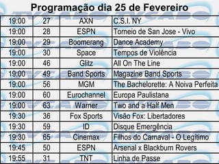 Programação dia 25 de Fevereiro
19:00     27       AXN       C.S.I. NY
19:00     28      ESPN       Torneio de San Jose - Vivo
19:00     29   Boomerang     Dance Academy
19:00     30      Space      Tempos de Violência
19:00     46       Glitz     All On The Line
19:00     49   Band Sports   Magazine Band Sports
19:00     56      MGM        The Bachelorette: A Noiva Perfeita
19:00     60   Eurochannel   Europa Paulistana
19:00     63     Warner      Two and a Half Men
19:30     36    Fox Sports   Visão Fox: Libertadores
19:30     59        ID       Disque Emergência
19:30     65     Cinemax     Filhos do Carnaval - O Legítimo
19:45     50      ESPN       Arsenal x Blackburn Rovers
19:55     31       TNT       Linha de Passe
 