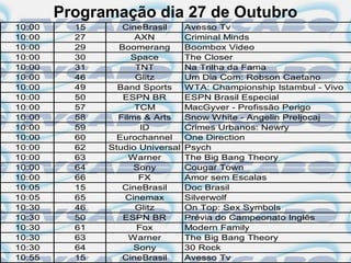 Programação dia 27 de Outubro
10:00     15      CineBrasil      Avesso Tv
10:00     27         AXN          Criminal Minds
10:00     29     Boomerang        Boombox Video
10:00     30        Space         The Closer
10:00     31         TNT          Na Trilha da Fama
10:00     46         Glitz        Um Dia Com: Robson Caetano
10:00     49     Band Sports      WTA: Championship Istambul - Vivo
10:00     50      ESPN BR         ESPN Brasil Especial
10:00     57         TCM          MacGyver - Profissão Perigo
10:00     58     Films & Arts     Snow White - Angelin Preljocaj
10:00     59          ID          Crimes Urbanos: Newry
10:00     60     Eurochannel      One Direction
10:00     62   Studio Universal   Psych
10:00     63        Warner        The Big Bang Theory
10:00     64         Sony         Cougar Town
10:00     66          FX          Amor sem Escalas
10:05     15      CineBrasil      Doc Brasil
10:05     65      Cinemax         Silverwolf
10:30     46         Glitz        On Top: Sex Symbols
10:30     50      ESPN BR         Prévia do Campeonato Inglês
10:30     61         Fox          Modern Family
10:30     63        Warner        The Big Bang Theory
10:30     64         Sony         30 Rock
10:55     15      CineBrasil      Avesso Tv
 
