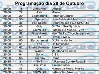 Programação dia 28 de Outubro
20:00    15      CineBrasil      Decola
20:00    27         AXN          Missing
20:00    29     Boomerang        Parental Control
20:00    30        Space         Uma Saída de Mestre
20:00    36      Fox Sports      Programação FOX SPORTS
20:00    46         Glitz        On Top: Sex Symbols
20:00    50      ESPN BR         Futebol No Mundo - Vivo
20:00    58     Films & Arts     New Tricks: Chocolate preto
20:00    59          ID          Hawaii-Five-O
20:00    60     Eurochannel      O Último Verão
20:00    61         Fox          Os Simpsons
20:00    62   Studio Universal   Shrek 2
20:00    63        Warner        Maratona do Amor
20:00    64         Sony         C.S.I.
20:00    65       Cinemax        Roma
20:15    31         TNT          A Pantera Cor-de-Rosa 2
20:30    15      CineBrasil      Falem Brasis!
20:30    46         Glitz        Nomes da Moda: Música
20:30    50      ESPN BR         Bate-Bola - Vivo
 