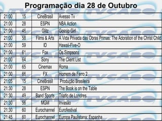 Programação dia 28 de Outubro
21:00   15    CineBrasil    Avesso Tv
21:00   28      ESPN        NBA Action
21:00   46       Glitz      Gossip Girl
21:00   58   Films & Arts   A Vida Privada das Obras Primas: The Adoration of the Christ Child
21:00   59        ID        Hawaii-Five-O
21:00   61       Fox        Os Simpsons
21:00   64       Sony       The Client List
21:00   65     Cinemax      Roma
21:00   66        FX        Homem de Ferro 2
21:05   15    CineBrasil     Produção Brasileira
21:30   28      ESPN        The Book is on the Table
21:30   49   Band Sports    Triatlo de Londres
21:30   56       MGM        Invasão
21:30   60   Eurochannel    Eurofestival
21:45   60   Eurochannel    Europa Paulistana: Espanha
 