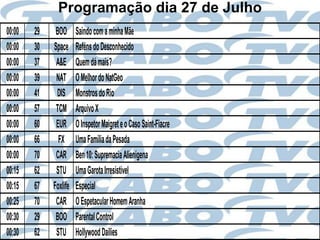 Programação dia 27 de Julho
00:00   29    BOO      Saindo com a minha Mãe
00:00   30   Space     Reféns do Desconhecido
00:00   37    A&E      Quem dá mais?
00:00   39    NAT      O Melhor do NatGeo
00:00   41    DIS      Monstros do Rio
00:00   57    TCM      Arquivo X
00:00   60    EUR      O Inspetor Maigret e o Caso Saint-Fiacre
00:00   66     FX      Uma Família da Pesada
00:00   70    CAR      Ben 10: Supremacia Alienígena
00:15   62    STU      Uma Garota Irresistível
00:15   67   Foxlife   Especial
00:25   70    CAR      O Espetacular Homem Aranha
00:30   29    BOO      Parental Control
00:30   62    STU      Hollywood Dailies
 