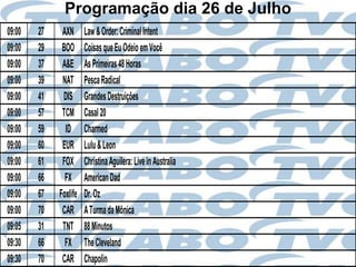 Programação dia 26 de Julho
09:00   27    AXN      Law & Order: Criminal Intent
09:00   29    BOO      Coisas que Eu Odeio em Você
09:00   37    A&E      As Primeiras 48 Horas
09:00   39    NAT      Pesca Radical
09:00   41    DIS      Grandes Destruições
09:00   57    TCM      Casal 20
09:00   59     ID      Charmed
09:00   60    EUR      Lulu & Leon
09:00   61    FOX      Christina Aguilera: Live in Australia
09:00   66     FX      American Dad
09:00   67   Foxlife   Dr. Oz
09:00   70    CAR      A Turma da Mônica
09:05   31    TNT      88 Minutos
09:30   66     FX      The Cleveland
09:30   70    CAR      Chapolin
 