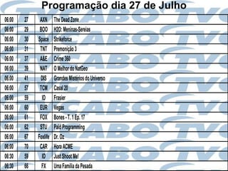 Programação dia 27 de Julho
06:00   27    AXN      The Dead Zone
06:00   29    BOO      H2O: Meninas-Sereias
06:00   30   Space     Strikeforce
06:00   31    TNT      Premonição 3
06:00   37    A&E      Crime 360
06:00   39    NAT      O Melhor do NatGeo
06:00   41    DIS      Grandes Mistérios do Universo
06:00   57    TCM      Casal 20
06:00   59     ID      Frasier
06:00   60    EUR      Vegas
06:00   61    FOX      Bones - T. 1 Ep. 17
06:00   62    STU      Paid Programming
06:00   67   Foxlife   Dr. Oz
06:00   70    CAR      Hora ACME
06:30   59     ID      Just Shoot Me!
06:30   66     FX      Uma Família da Pesada
 