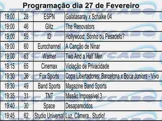 Programação dia 27 de Fevereiro
19:00   28      ESPN Galatasaray x Schalke 04
19:00   46       Glitz      The Renovators
19:00   59        ID        Hollywood: Sonho ou Pesadelo?
19:00   60 Eurochannel A Canção de Ninar
19:00   63     Warner Two And a Half Men
19:15   65    Cinemax Violação de Privacidade
19:30   36 Fox Sports Copa Libertadores: Barcelona x Boca Juniors - Vivo
19:30   49 Band Sports Magazine Band Sports
19:35   31       TNT        Missão Impossível 3
19:40   30      Space Desaparecidos
19:45   62 Studio Universal Luz, Câmera.. Studio!
 