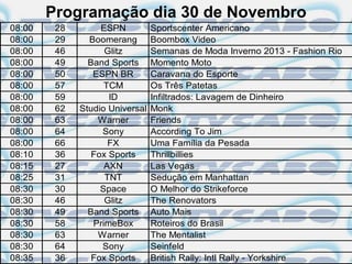 Programação dia 30 de Novembro
08:00    28        ESPN          Sportscenter Americano
08:00    29     Boomerang        Boombox Video
08:00    46         Glitz        Semanas de Moda Inverno 2013 - Fashion Rio
08:00    49     Band Sports      Momento Moto
08:00    50      ESPN BR         Caravana do Esporte
08:00    57         TCM          Os Três Patetas
08:00    59          ID          Infiltrados: Lavagem de Dinheiro
08:00    62   Studio Universal   Monk
08:00    63       Warner         Friends
08:00    64        Sony          According To Jim
08:00    66          FX          Uma Família da Pesada
08:10    36      Fox Sports      Thrillbillies
08:15    27         AXN          Las Vegas
08:25    31         TNT          Sedução em Manhattan
08:30    30        Space         O Melhor do Strikeforce
08:30    46         Glitz        The Renovators
08:30    49     Band Sports      Auto Mais
08:30    58      PrimeBox        Roteiros do Brasil
08:30    63       Warner         The Mentalist
08:30    64        Sony          Seinfeld
08:35    36      Fox Sports      British Rally: Intl Rally - Yorkshire
 