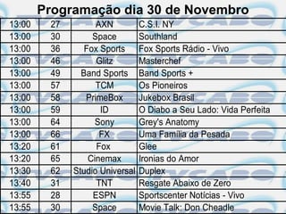 Programação dia 30 de Novembro
13:00    27         AXN          C.S.I. NY
13:00    30        Space         Southland
13:00    36      Fox Sports      Fox Sports Rádio - Vivo
13:00    46         Glitz        Masterchef
13:00    49     Band Sports      Band Sports +
13:00    57         TCM          Os Pioneiros
13:00    58      PrimeBox        Jukebox Brasil
13:00    59          ID          O Diabo a Seu Lado: Vida Perfeita
13:00    64         Sony         Grey's Anatomy
13:00    66          FX          Uma Família da Pesada
13:20    61         Fox          Glee
13:20    65       Cinemax        Ironias do Amor
13:30    62   Studio Universal   Duplex
13:40    31         TNT          Resgate Abaixo de Zero
13:55    28        ESPN          Sportscenter Notícias - Vivo
13:55    30        Space         Movie Talk: Don Cheadle
 