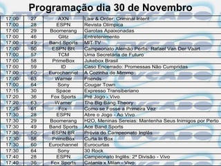 Programação dia 30 de Novembro
17:00   27       AXN       Law & Order: Criminal Intent
17:00   28      ESPN       Revista Olímpica
17:00   29   Boomerang     Garotas Apaixonadas
17:00   46       Glitz     Entretenimento
17:00   49   Band Sports   MIT TV
17:00   50    ESPN BR      Campeonato Alemão Perfis: Rafael Van Der Vaart
17:00   57       TCM       Uma Secretária de Futuro
17:00   58    PrimeBox     Jukebox Brasil
17:00   59        ID       Caso Encerrado: Promessas Não Cumpridas
17:00   60   Eurochannel   A Cozinha de Mimmo
17:00   63     Warner      Friends
17:00   64      Sony       Cougar Town
17:15   30      Space      Expresso Transiberiano
17:20   36    Fox Sports   Pré Jogo - Vivo
17:20   63     Warner      The Big Bang Theory
17:25   61       Fox       Como se Fosse a Primeira Vez
17:30   28      ESPN       Abre o Jogo - Ao Vivo
17:30   29   Boomerang     H2O, Meninas Sereias: Mantenha Seus Inimigos por Perto
17:30   49   Band Sports   Ace Band Sports
17:30   50    ESPN BR      Prévia do Campeonato Inglês
17:30   58    PrimeBox     Curta In Box
17:30   60   Eurochannel   Eurocurtas
17:30   64      Sony       30 Rock
17:40   28      ESPN       Campeonato Inglês: 2ª Divisão - Vivo
17:40   36    Fox Sports   Catania x Milan - Vivo
 