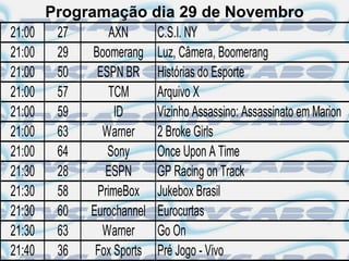 Programação dia 29 de Novembro
21:00    27       AXN    C.S.I. NY
21:00    29   Boomerang Luz, Câmera, Boomerang
21:00    50    ESPN BR Histórias do Esporte
21:00    57       TCM    Arquivo X
21:00    59        ID    Vizinho Assassino: Assassinato em Marion
21:00    63     Warner 2 Broke Girls
21:00    64      Sony    Once Upon A Time
21:30    28     ESPN     GP Racing on Track
21:30    58    PrimeBox Jukebox Brasil
21:30    60 Eurochannel Eurocurtas
21:30    63     Warner Go On
21:40    36   Fox Sports Pré Jogo - Vivo
 