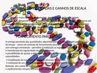 COMPRAS CONSOLIDADAS E GANHOS DE ESCALA
Um volume mais elevado de compras, ainda que as entregas sejam
parceladas, desperta maior interesse dos fornecedores, o que proporciona um
maior número de proponentes e, com isso, ampliação da concorrência entre
os mesmos, ocasionando na maioria das vezes, uma redução dos preços
contratados.
FORNECIMENTO PARCELADO
A entrega parcelada das quantidades adquiridas para um determinado período
de tempo – como um contrato de fornecimento para um período de 12 meses,
com entregas trimestrais – permitirá à instituição as seguintes vantagens:
• manutenção da regularidade no abastecimento;
• possibilidade de ajustar a demanda crescente ou decrescente em função das
sazonalidades;
• imobilização de um volume menor de recursos financeiros;
• realização de um número menor de processos de compra no decorrer do ano;
Redução dos custos de armazenagem;
• medicamentos sempre com prazo de validade favorável;
 